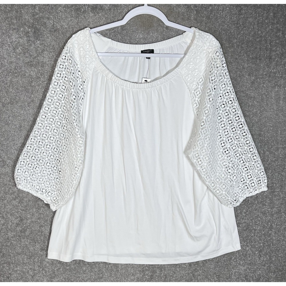 Talbots Plus Lace Ponte Top Womens Sz 2X White Stretch Scoop Neck 3/4 Sleeve New